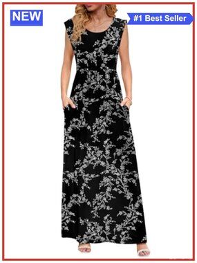 Women's Maxi Dress Empire Waist Cap Sleeve Sundress with Pockets Casual Summer